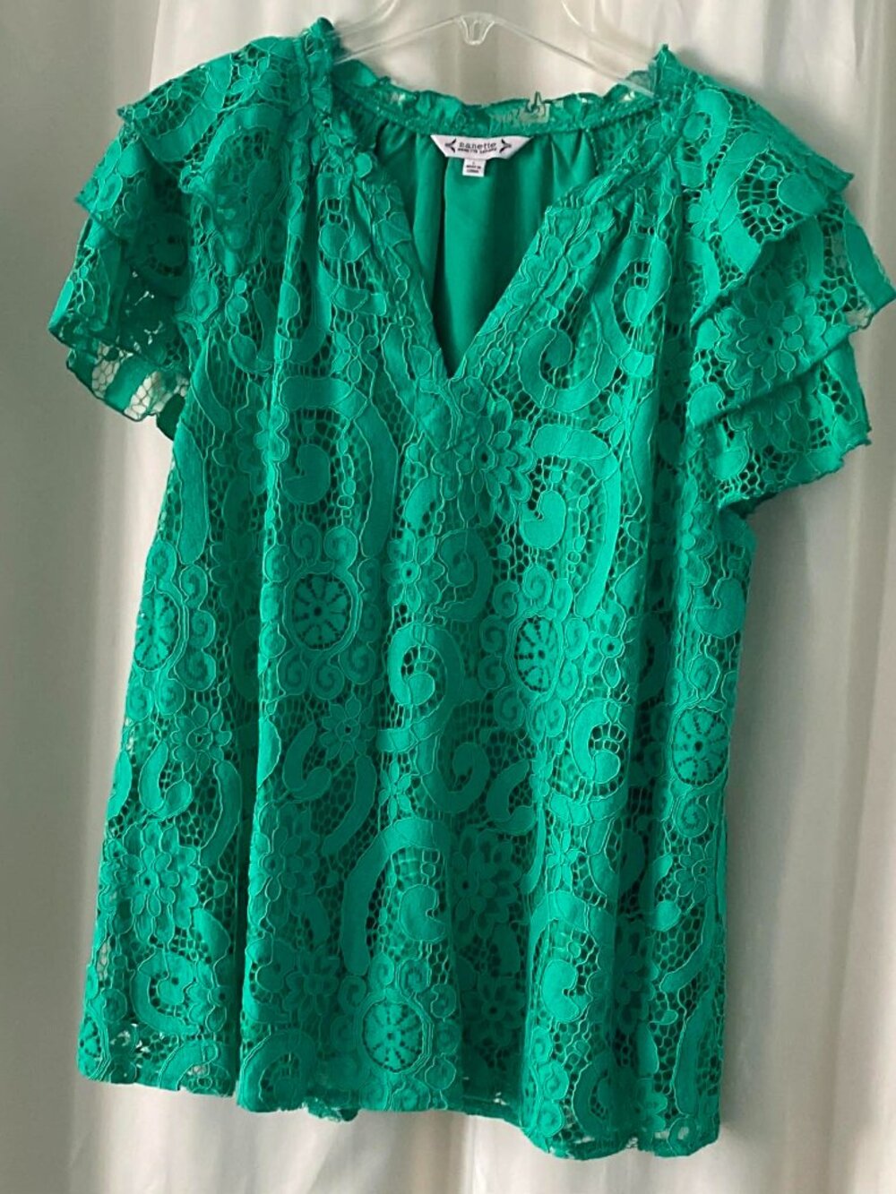 Nanette Lapore Green Lace Lined Top Women's Large Short Ruffled Sleeves Spring